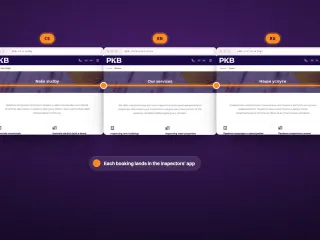 The Czech, English and Russian pages of the site side by side, held in step by one thread