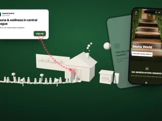 A sponsored ad's tap traced into the clay cabin's open door, beside the venue's site on a phone
