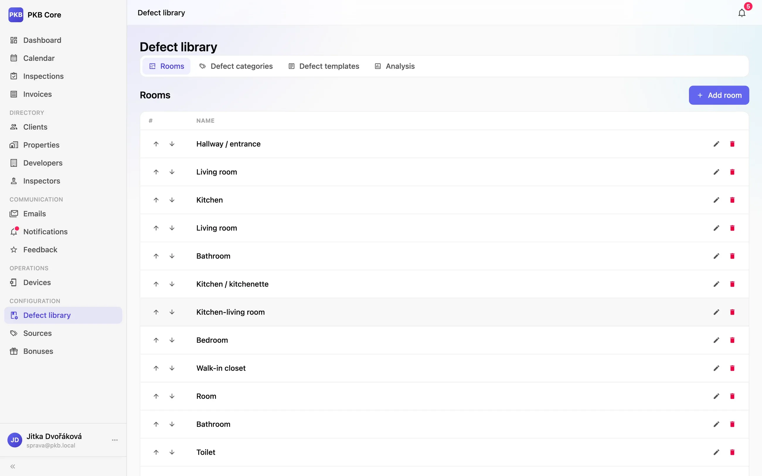 PKB Core's defect library: templates by room and category