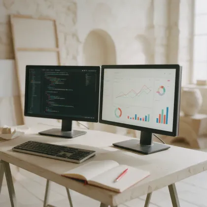 Two screens on one desk: code on one, a campaign dashboard on the other.