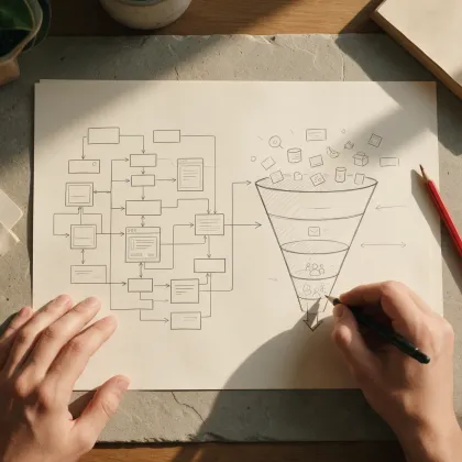 Hands sketching a system diagram that runs into a marketing funnel on the same sheet.