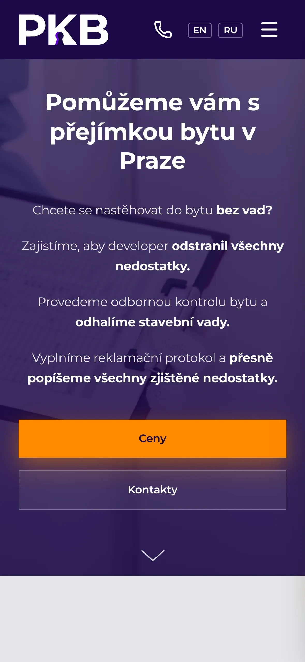 The PKB homepage on a phone, in Czech, with Prices and Contacts buttons