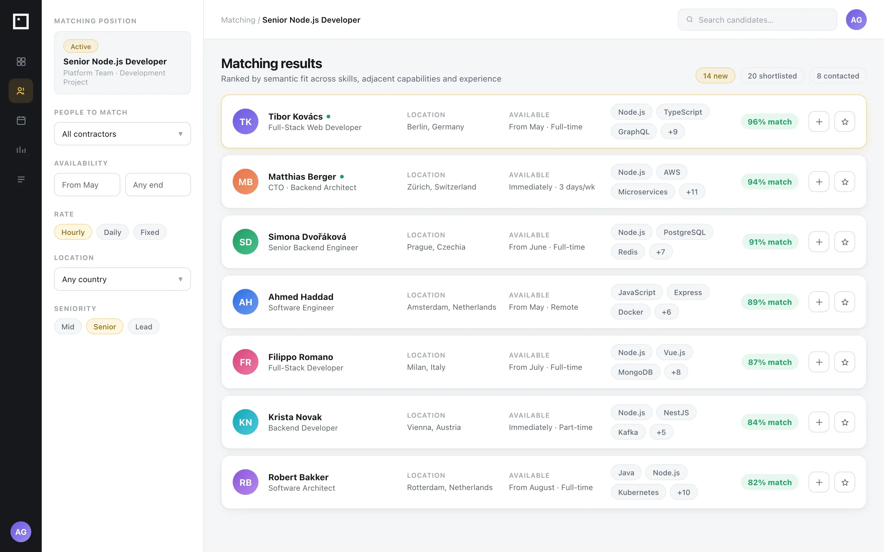 Re-created matching results: candidates ranked for a position, each with the skills that matched