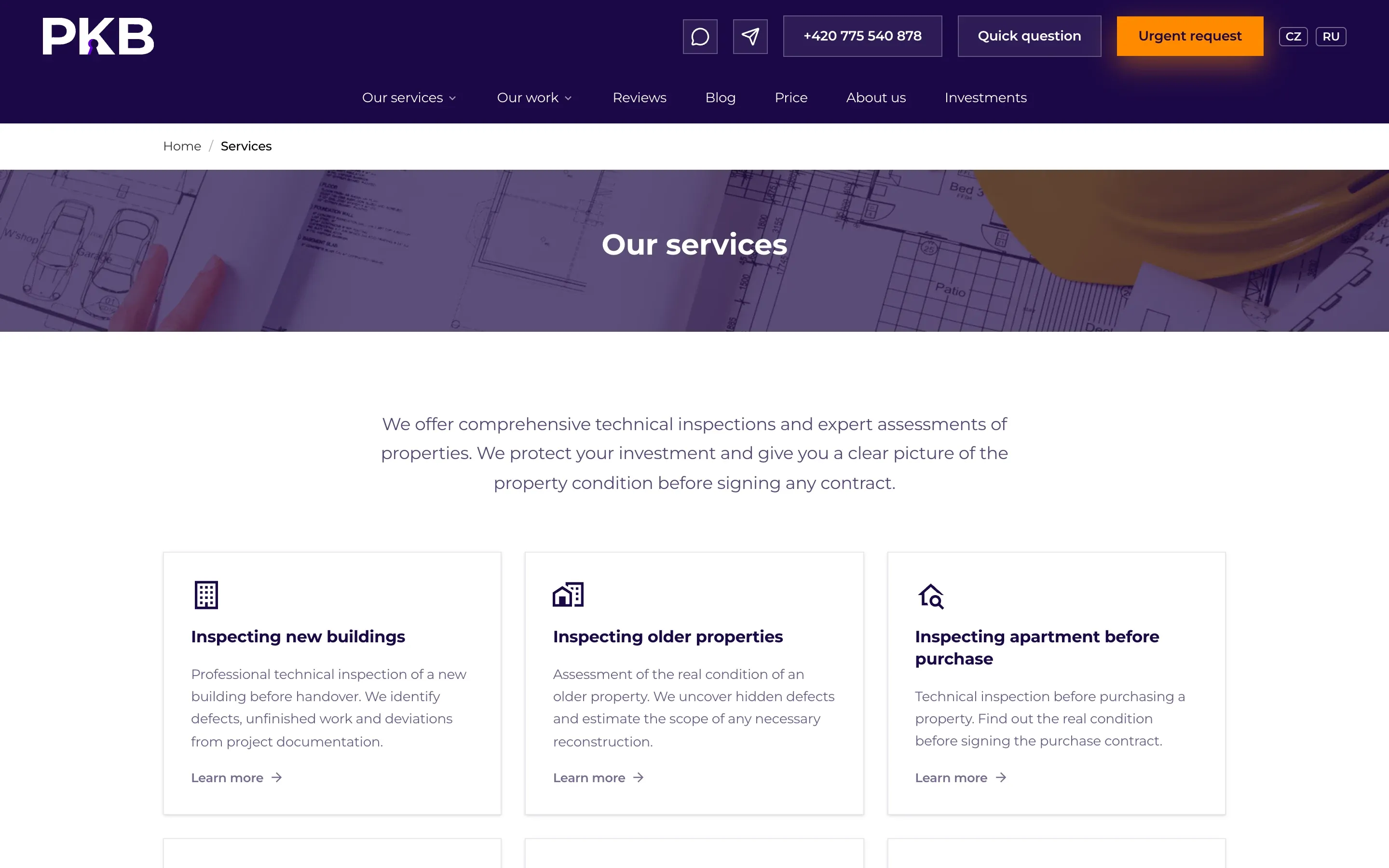 The PKB services page in English, with three service cards