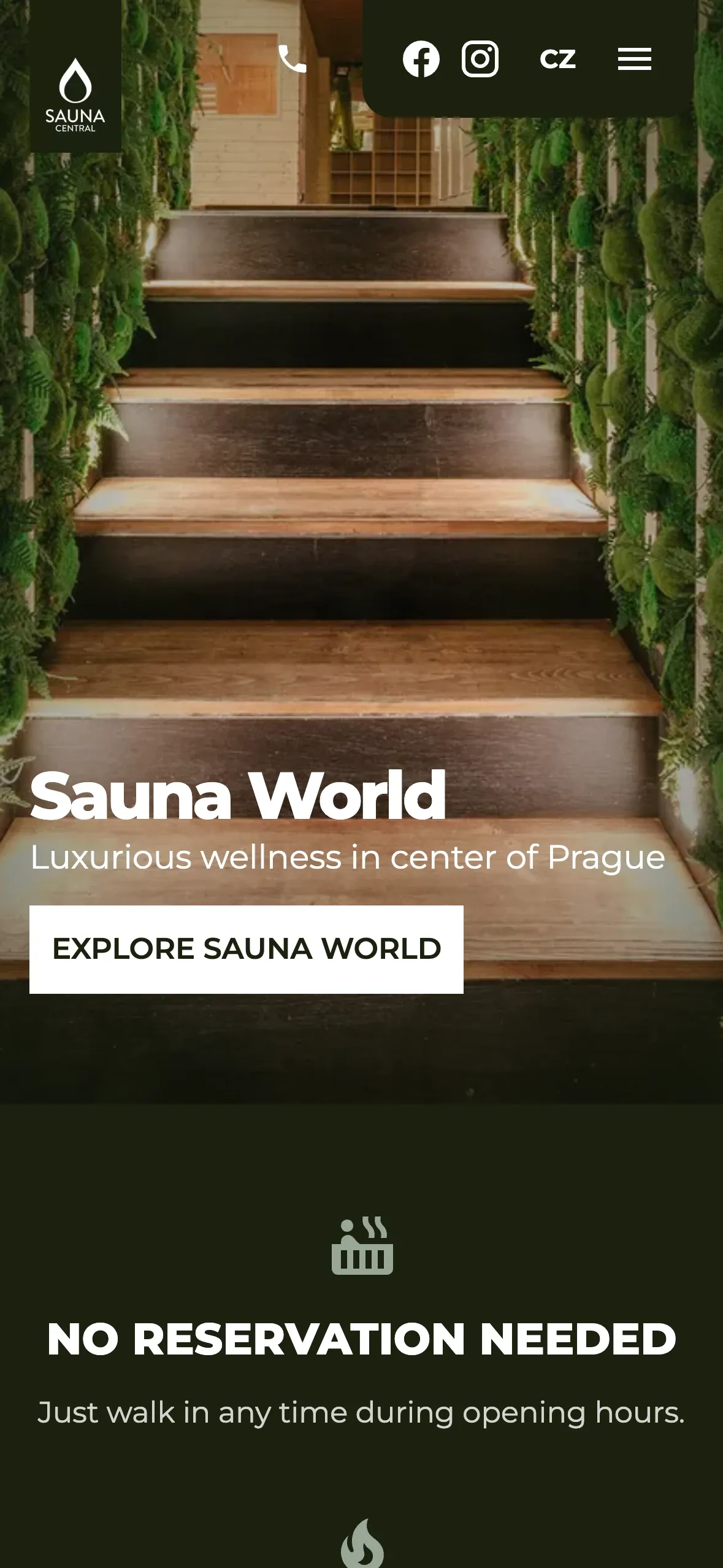 The rebuilt SaunaCentral site on a phone: a cedar staircase between moss walls, “Sauna World”
