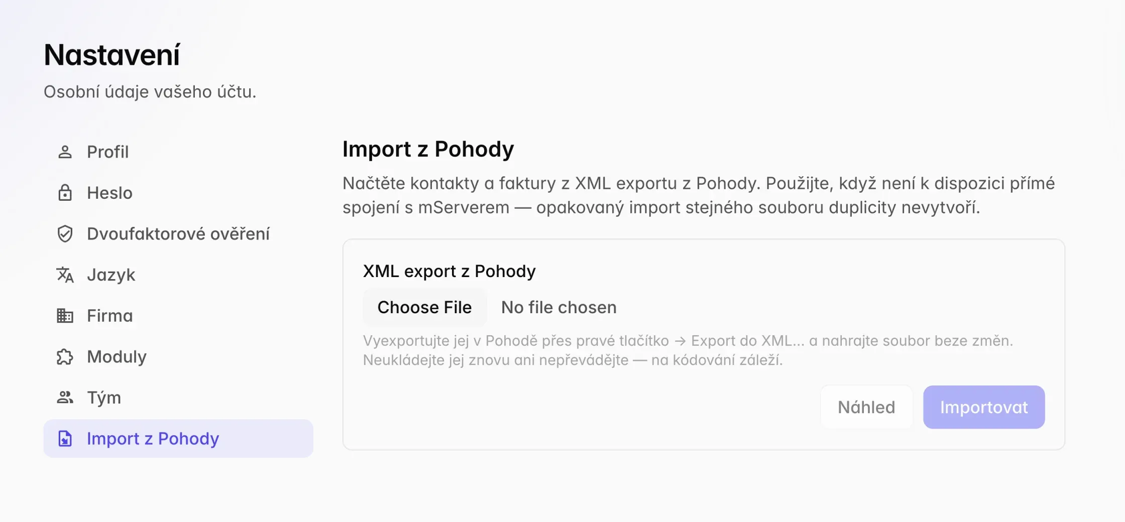 DocuMe settings, Import from Pohoda: upload a Pohoda XML export when there is no direct connection; importing the same file again creates no duplicates