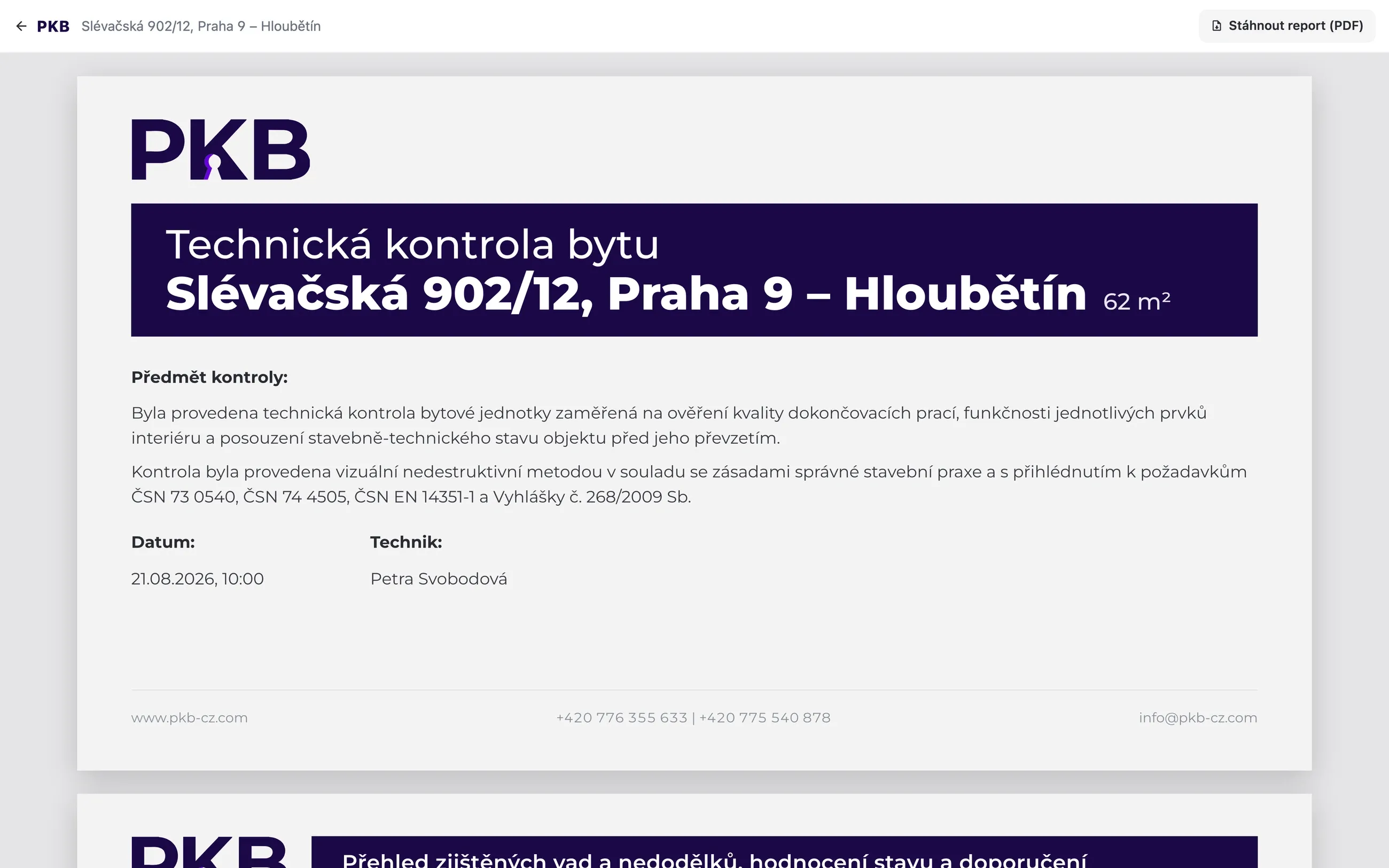The generated protocol in a browser, headed “Technická kontrola bytu”