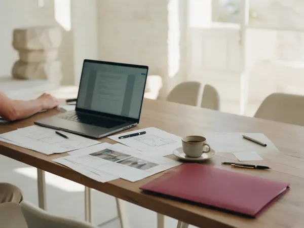 A long table with a laptop, printed inspection reports and coffee.