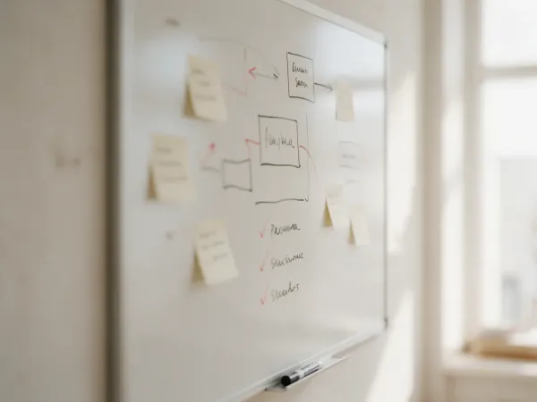A whiteboard after a working session: boxes, arrows and a list ticked off in red.