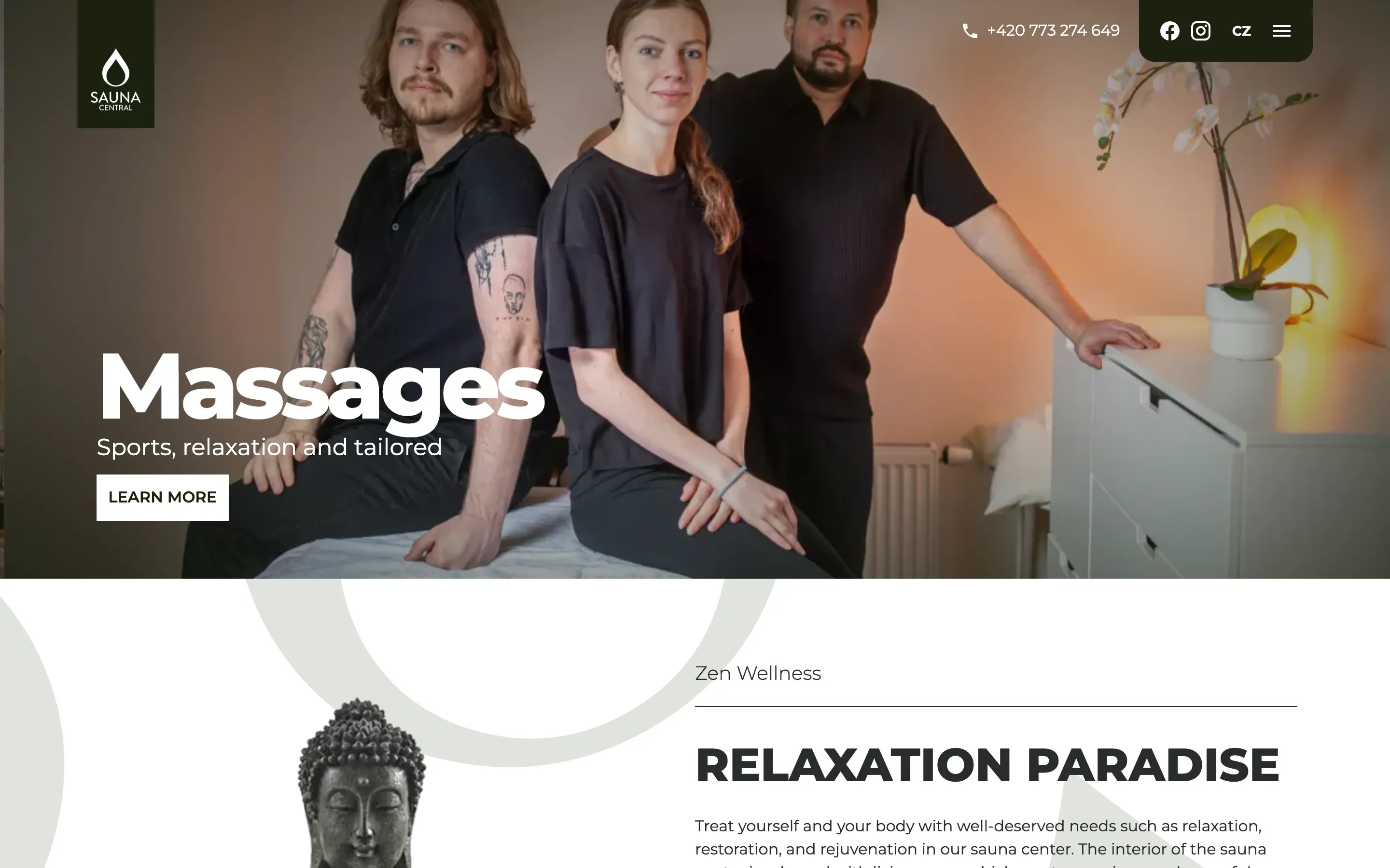 The rebuilt SaunaCentral homepage on a desktop: a full-width photograph of the massage room, the venue's phone number and the language switch