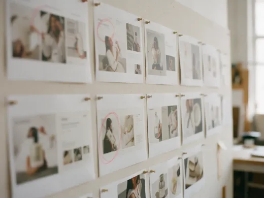 Campaign layouts pinned to a wall, a few circled in red.